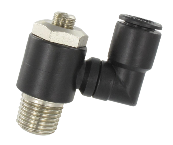 Régulateur de débit banjo orientable à l'échappement