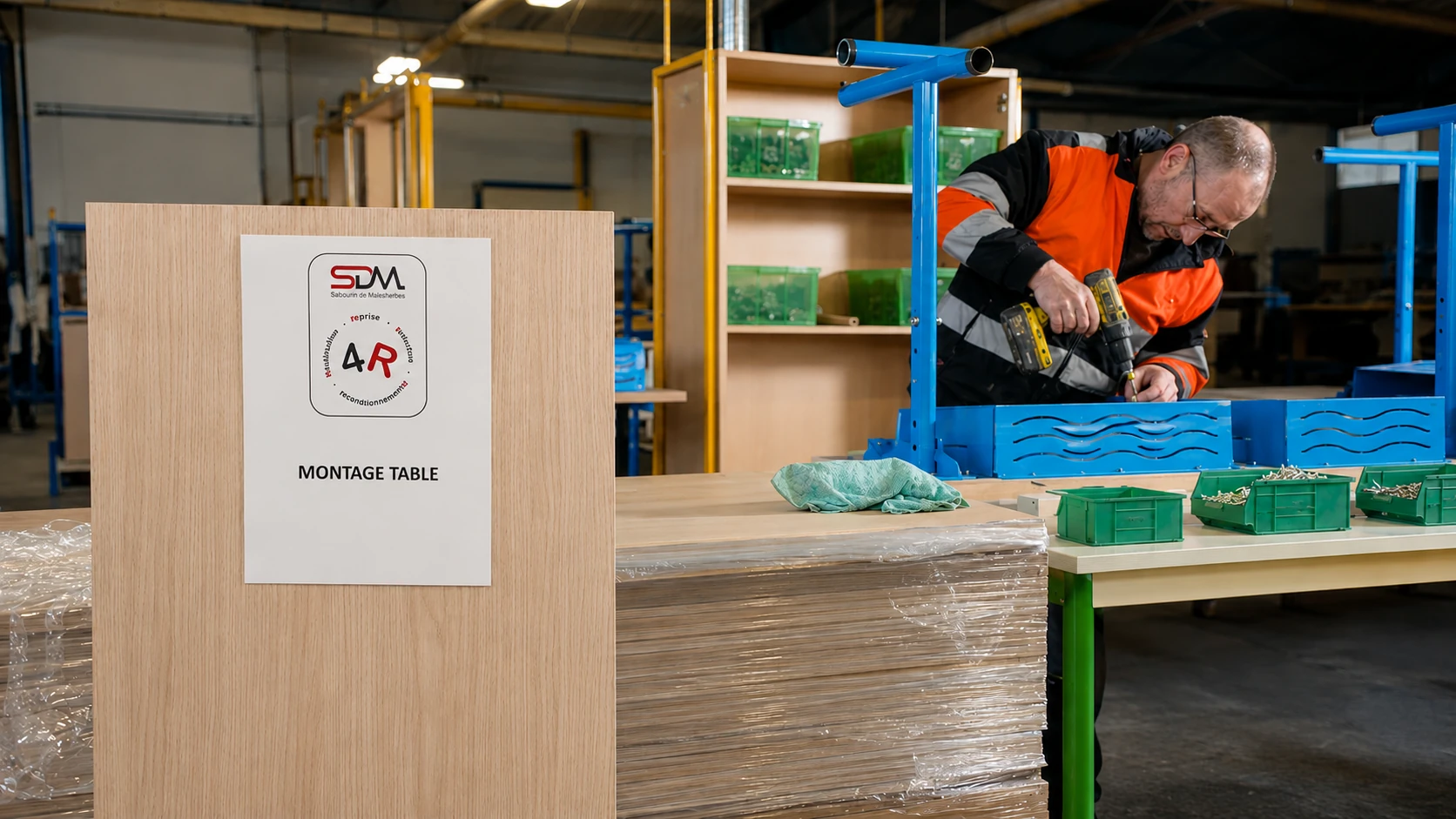 Assemblage et remontage d'un mobilier scolaire reconditionné dans les ateliers SDM 4R