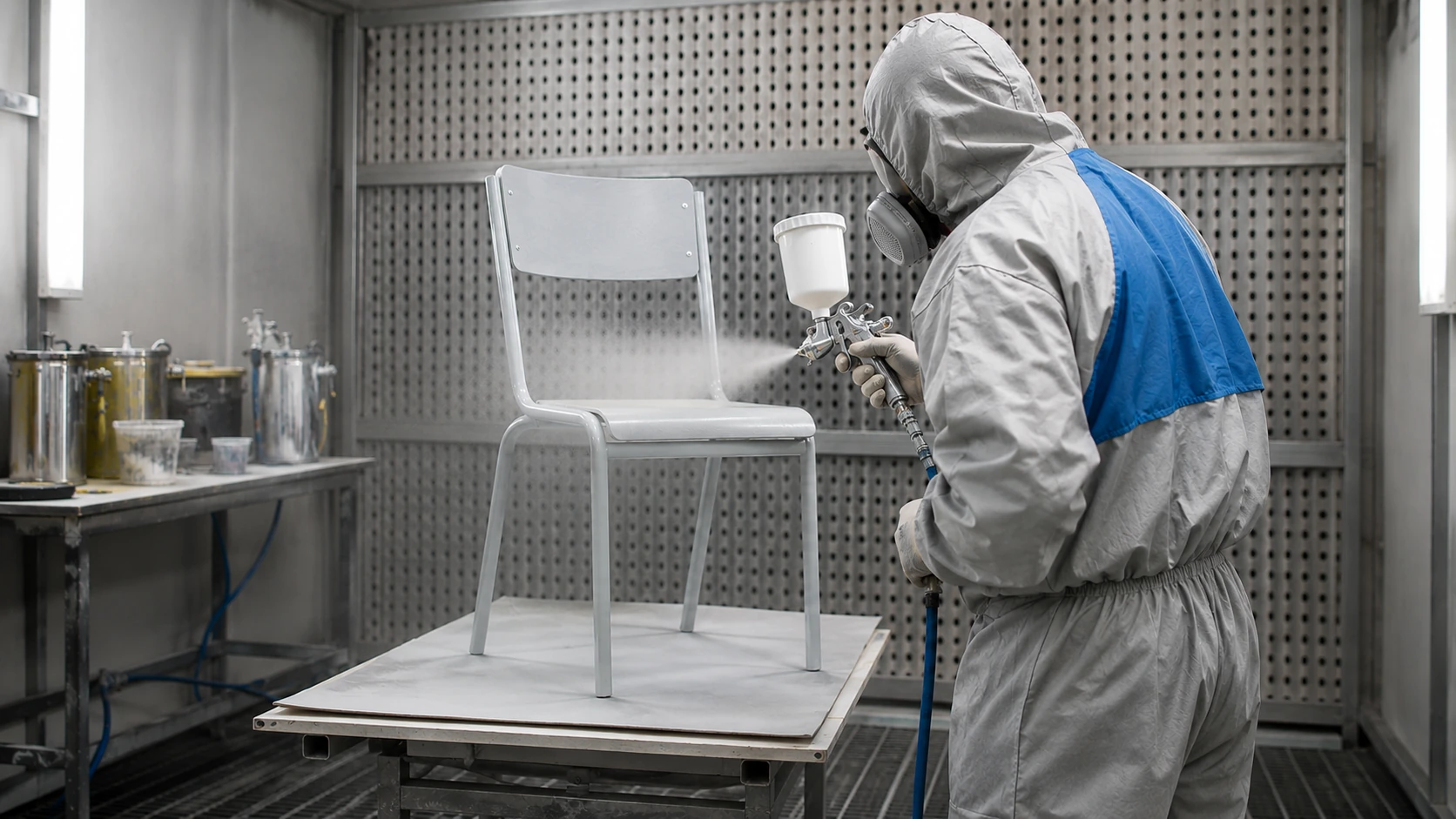 Application de peinture sur une chaise scolaire dans le cadre de son reconditionnement