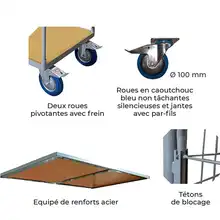 Chariot plateau bois avec dossier grillagé 250 kg