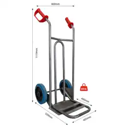 Diable acier avec tablier incurvé, poignées de garde, pelle fixe et bavette rabattable 250 kg