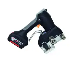 Battery powered strapping tool for corded polyester and plastic strapping