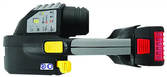 Battery powered strapping tool for plastic strapping